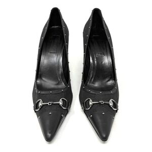 Gucci Black Horsebit Pointed Toe Pumps GG Monogram Designer Heels 7.5B